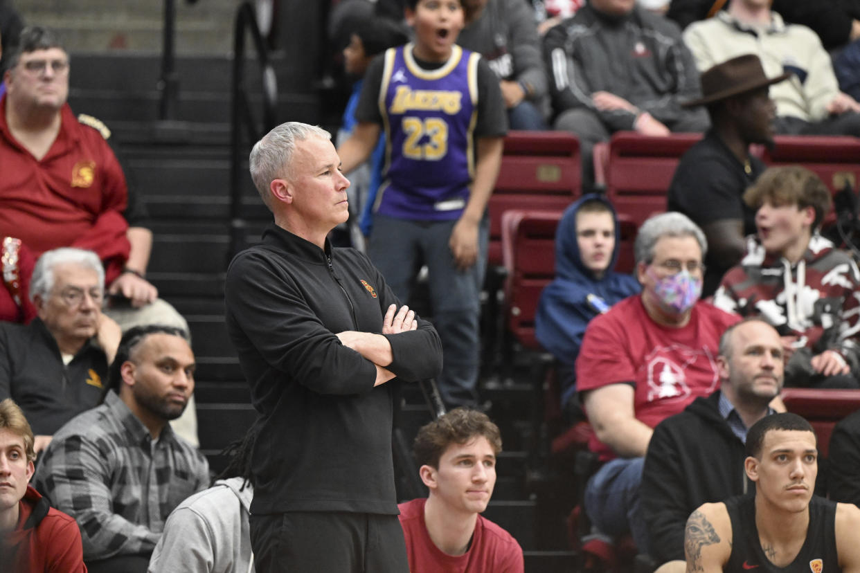 Southern California coach Andy Enfield reacts to a basket by Stanford during the second half of an NCAA college basketball game Saturday, Feb. 10, 2024, in Stanford, Calif. (AP Photo/Nic Coury)