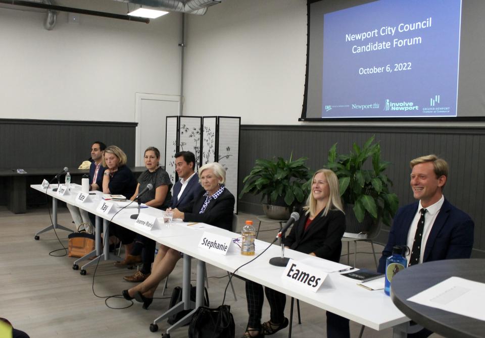 City Council hopefuls, from left, Mark Aramli, Lynn Underwood Ceglie, Kate Jessup, Xaykham 'Xay' Khamsyvoravong, Jeanne-Marie Napolitano, Stephanie Smyth and Eames Yates appear at a candidate forum at Innovate Newport on Thursday, Oct. 6, 2022.