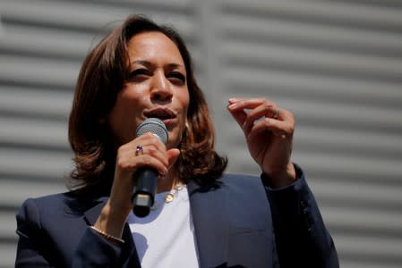 Democratic 2020 U.S. presidential candidate Harris speaks at a campaign house party in Gilford