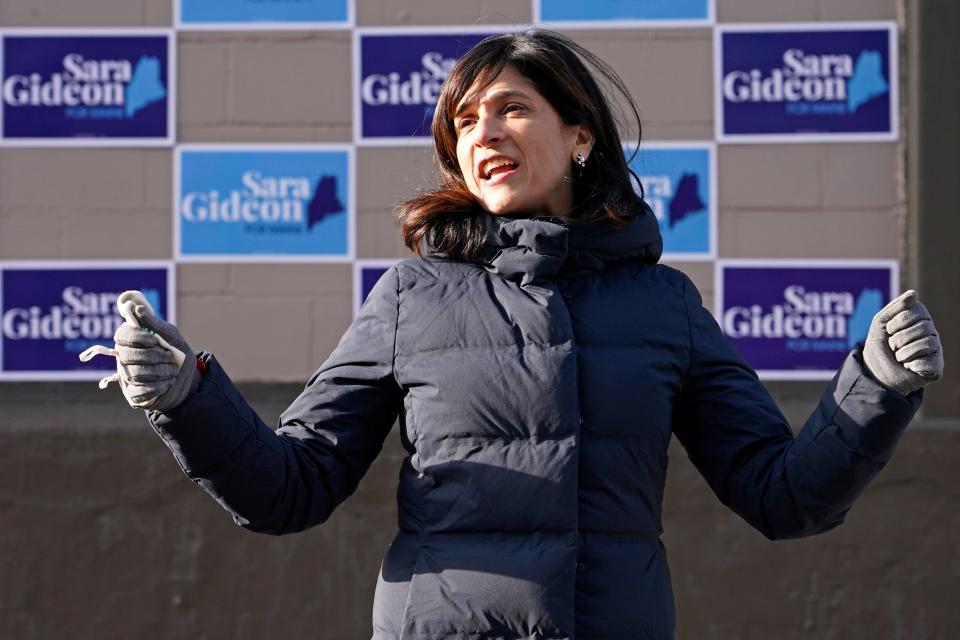 Democratic candidate for U.S. Senate Sara Gideon speaks to supporters during a launch for Election Day canvassing, Tuesday, Nov. 3, 2020, in Portland, Maine.