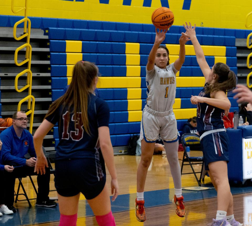 Manchester Devyn Quigley shoots from the outside. Manchester Girls Basketball defeats Lacey in Manchester on January 24, 2023.