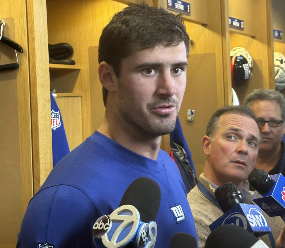 New York Giants quarterback Daniel Jones speaks with reporters following NFL football practice, Wednesday, Oct. 11, 2023, in East Rutherford, N.J. Jones was held out of practice on Wednesday because of a sore neck and his status for this weekend's game against the Buffalo Bills is uncertain. (AP Photo/Tom Canavan)