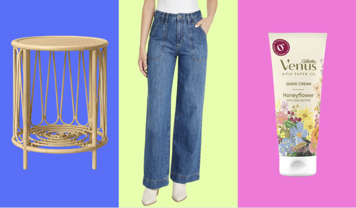 target items: rattan end table, jeans, shaving cream