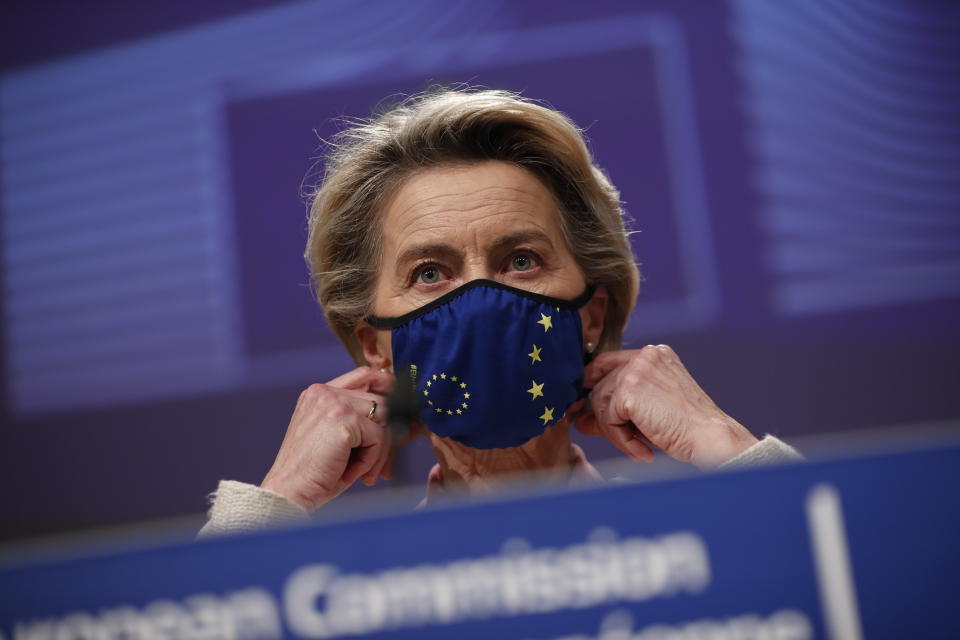 FILE - In this Thursday, Dec. 24, 2020 file photo, European Commission President Ursula von der Leyen prepares to address a media conference at EU headquarters in Brussels. In a sign of goodwill to rebuild trans-Atlantic relations, the European Union and the United States have decided to suspend tariffs used in the longstanding Airbus-Boeing dispute for a four-month period, EU Commission President Ursula von der Leyen said on Friday, March 5, 2021 after a remote conversation with U.S. President Joe Biden. (AP Photo/Francisco Seco, file)