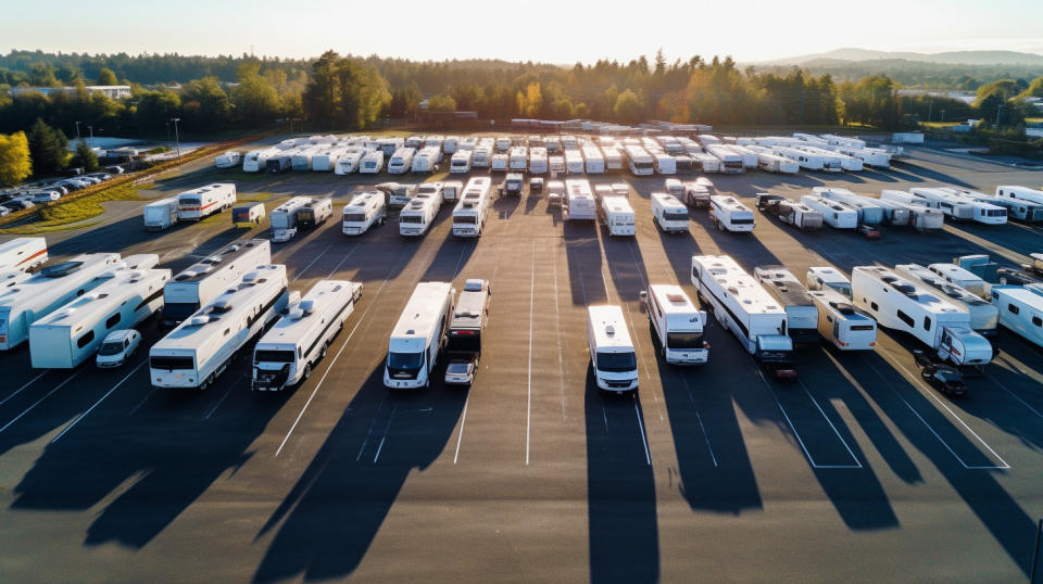 An aerial view of a self-storage facility, its parking lot full with cars and RV's.