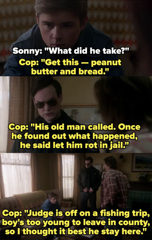 Cop tells Sonny that the boy stole peanut butter and bread and his dad said let him rot in jail