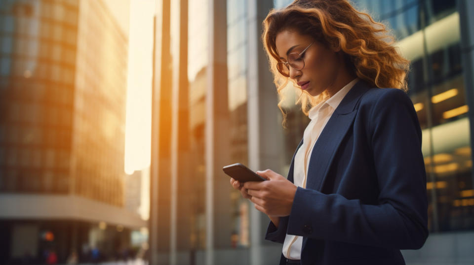 A woman standing in front of a skyscraper checking the stock value of a REIT-Mortgage firm on her phone.