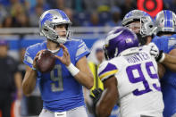 Detroit Lions quarterback Matthew Stafford looks to pass during the first half of an NFL football game against the Minnesota Vikings, Sunday, Oct. 20, 2019, in Detroit. (AP Photo/Rick Osentoski)