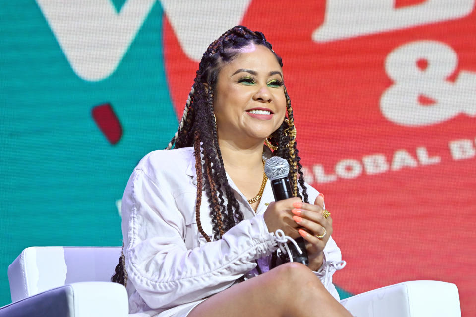 Angela Yee speaks onstage during the 2022 Essence Festival of Culture at the Ernest N. Morial Convention Center on July 1, 2022 in New Orleans, Louisiana. (Photo by Paras Griffin/Getty Images for Essence)