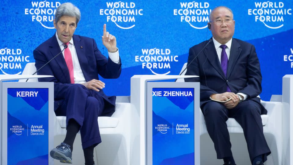 US climate envoy John Kerry and China's chief climate negotiator Xie Zhenhua take part a panel discussion at the World Economic Forum in Davos, Switzerland in May 2022.  - Arnd Wiegmann/Reuters