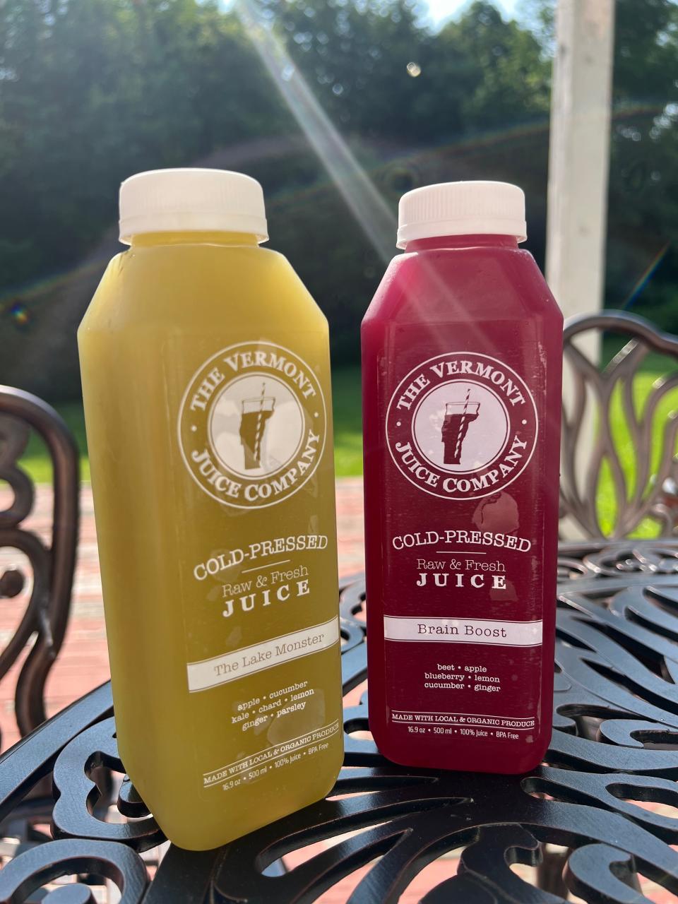 A pair of juices from The Vermont Juice Company, pictured June 30, 2023, including a green juice, The Lake Monster and one featuring beets called Brain Boost.