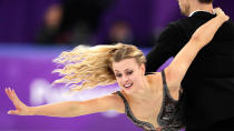 <p>Madison Hubbell and Zachary Donohue of the United States perform during the ice dance, free dance figure skating final in the Gangneung Ice Arena at the 2018 Winter Olympics in Gangneung, South Korea, Tuesday, Feb. 20, 2018. (AP Photo/Julie Jacobson) </p>