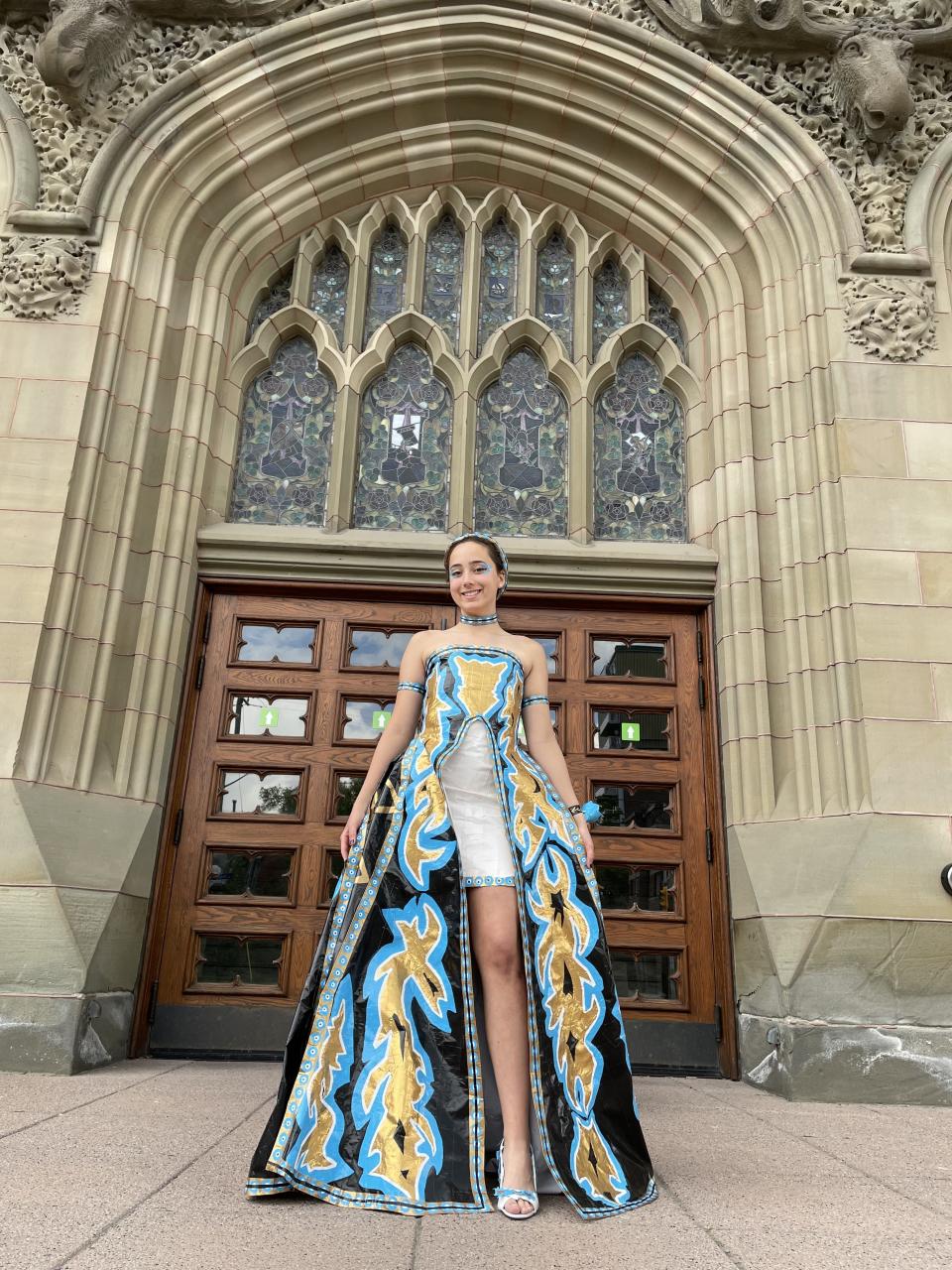 Erika Avellaneda models duct tape prom dress 2021 (Photo via Stuck At Prom Scholarship Contest)