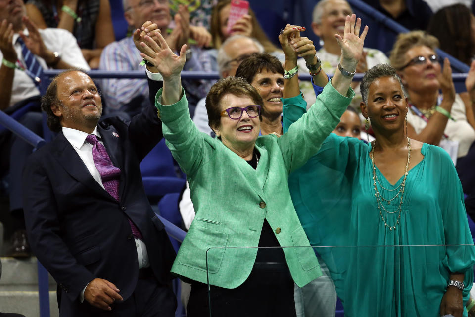 NEW YORK, NY - SEPTEMBER 08:  Tennis legend Billie Jean King (C) and USTA President Katrina Adams (R) attend the Women's Singles Quarterfinals match between Serena Williams of the United States and Venus Williams of the United States on Day Nine of the 2015 US Open at the USTA Billie Jean King National Tennis Center on September 8, 2015 in the Flushing neighborhood of the Queens borough of New York City.  (Photo by Matthew Stockman/Getty Images)