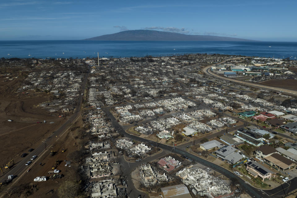 FILE - A general view shows the aftermath of a wildfire in Lahaina, Hawaii, Thursday, Aug. 17, 2023. On Sept. 1, The Associated Press reported on stories circulating online incorrectly claiming that only blue items survived the Maui wildfires and suggesting the island was actually hit by a directed energy weapon “attack.” (AP Photo/Jae C. Hong, File)