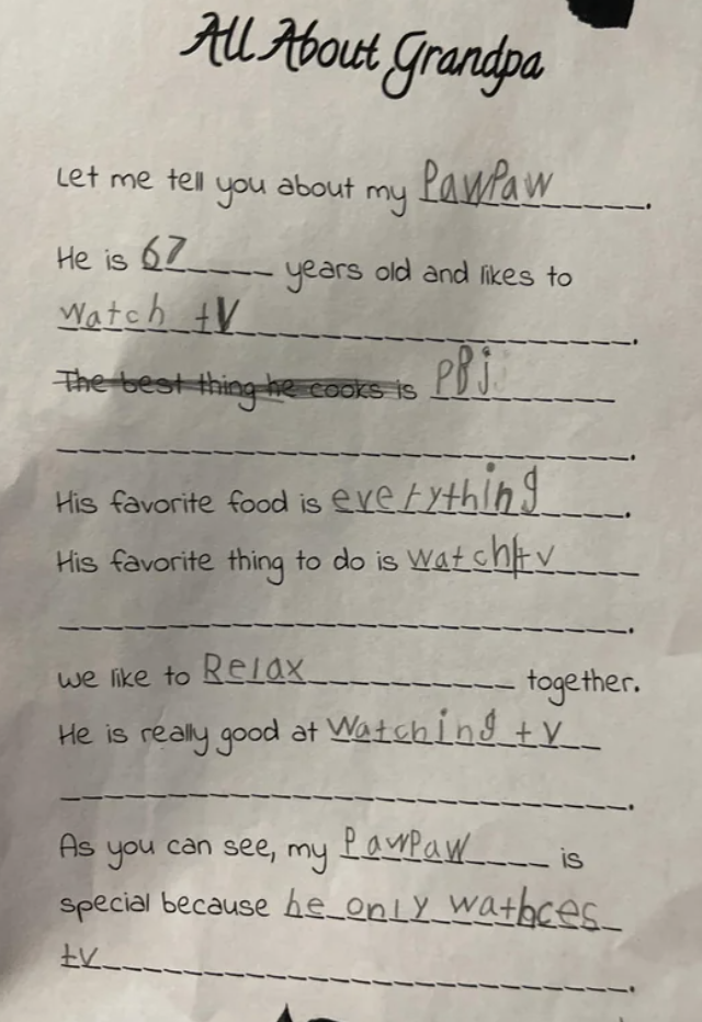 Student tells all about their Paw Paw, who is 67, makes great PB&J sandwiches, likes to eat everything, and likes to relax and watch TV — it's his favorite thing to do and he's really good at it, and that's all he does