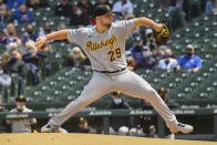 Pittsburgh Pirates starting pitcher Wil Crowe (29) delivers during the first inning of a baseball game against the Chicago Cubs, Saturday, May 8, 2021, in Chicago. (AP Photo/Matt Marton)