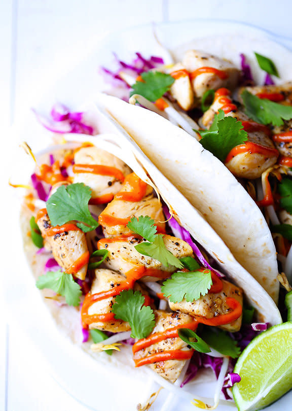 <strong>Get the <a href="http://www.gimmesomeoven.com/thai-chicken-tacos/" target="_blank" rel="noopener noreferrer">Thai chicken tacos recipe</a> by Gimme Some Oven.</strong>