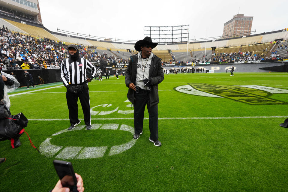 April 27, 2024; Boulder, CO, USA; Colorado Buffaloes coach Deion Sanders during a spring event at Folsom Field. Mandatory Credit: Ron Chenoy-USA TODAY Sports