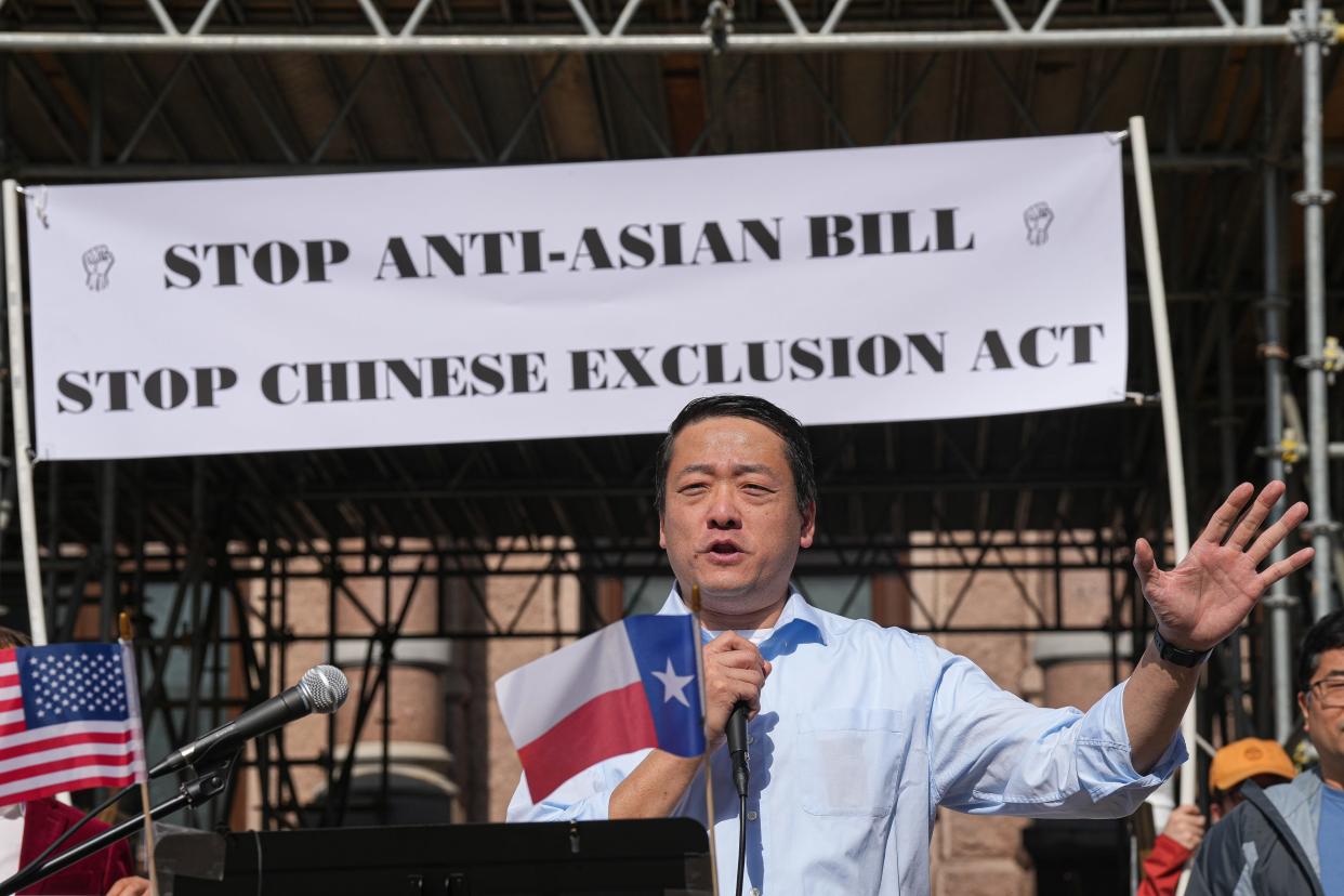 Texas Rep. Gene Wu speaks at a rally at the Texas Capitol on Jan. 29, 2023 in Austin. Demonstrators gathered to protest Texas Senate bill 147, which would ban the purchase of Texas land by companies, government agencies, and individuals from China, Iran, North Korea, or Russia.