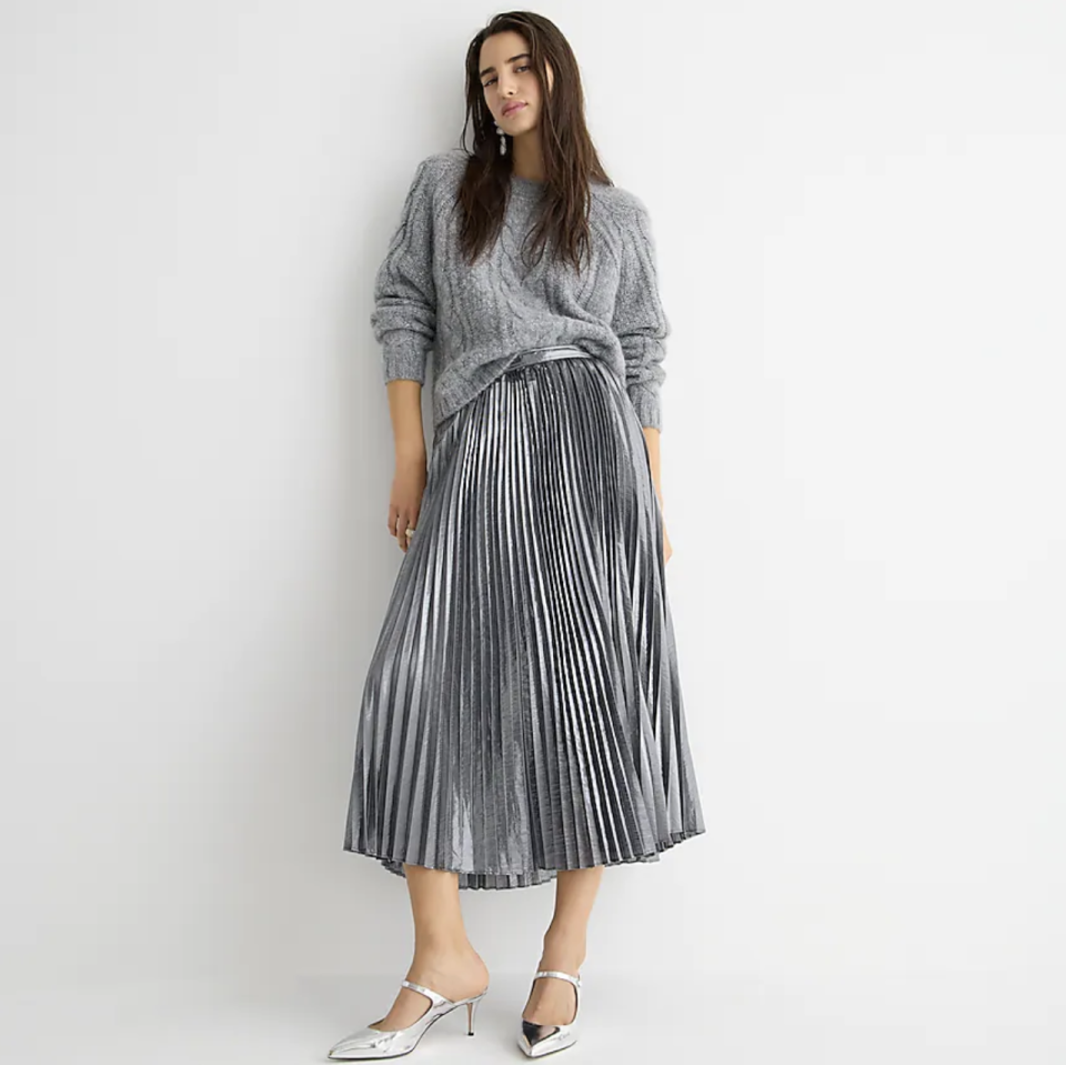 4) Pleated Silver Lamé Midi Skirt