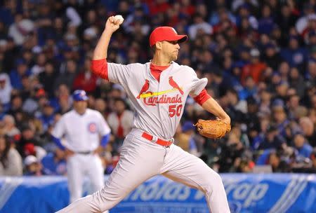 Apr 5, 2015; Chicago, IL, USA; St. Louis Cardinals starting pitcher Adam Wainwright (50) delivers a pitch during the first inning against the Chicago Cubs at Wrigley Field. Dennis Wierzbicki-USA TODAY Sports