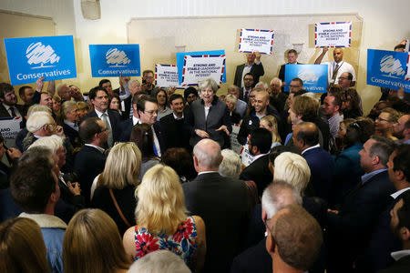 Britain's Prime Minster Theresa May delivers a stump speech at Netherton Conservative Club during the Conservative Party's election campaign, in Dudley April 22, 2017. REUTERS/Chris Radburn/Pool