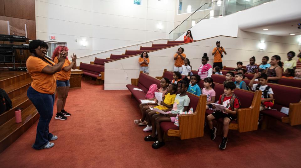 Staff members and children sing songs during the opening day of the Freedom School at Union Baptist Church in White Plains July 7, 2024. The Freedom School is a six-week enrichment program that focuses on literacy. Sponsored by the YWCA of White Plains & Central Westchester in collaboration with the Children's Defense Fund and Union Baptist Church, it is the first of its kind in the area. The opening day included a ceremony attended by elected officials including Westchester County Executive George Latimer, State Senator Shelley Mayer, and White Plains Mayor Thomas Roach.