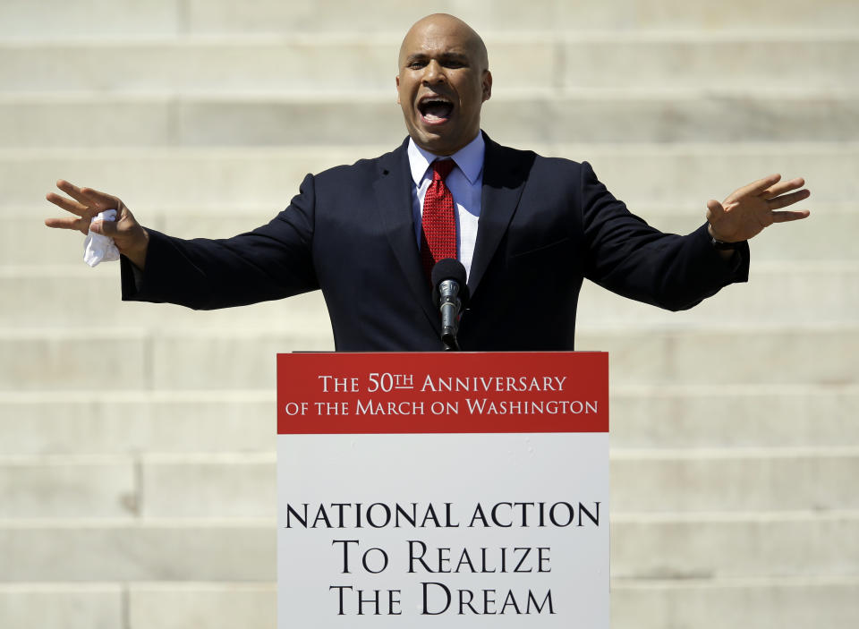 Cory Booker, Mayor of Newark, N.J., speaks at a rally to commemorate the 50th anniversary of the 1963 March on Washington on the steps of the Lincoln Memorial on Saturday, Aug. 24, 2013, in Washington. (AP Photo/Carolyn Kaster)