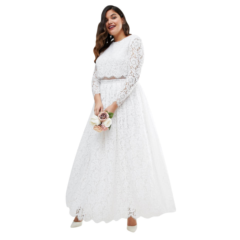 Curve Bridal Lace Long Sleeve Crop Top Maxi Dress