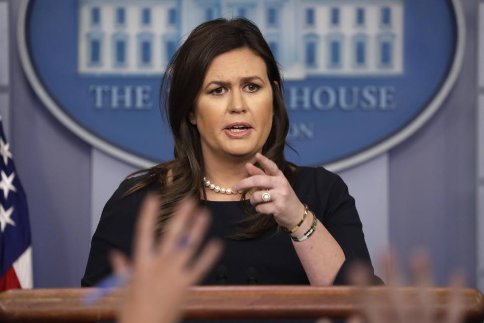 Sarah Sanders speaks during a press briefing at the White House, March 11, 2019. (AP Photo/ Evan Vucci) 