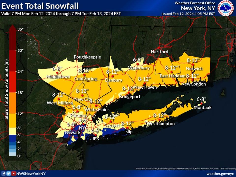 New York City could see up to eight inches of snow on Tuesday (National Weather Service)