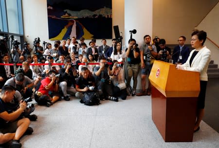 Hong Kong's Chief Executive Carrie Lam holds a news conference in Hong Kong