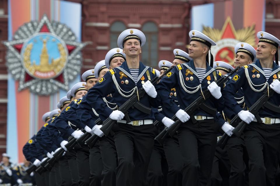 Russian troops march during the Victory Day military parade to celebrate 74 years since the victory in WWII in Red Square in Moscow, Russia, Thursday, May 9, 2019. (AP Photo/Alexander Zemlianichenko)