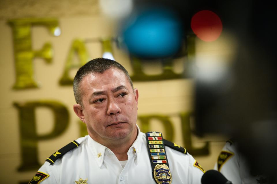 Police Chief Kemberle Braden answers questions from members of the media Friday, Nov. 24, 2023, about a shooting that took place during a traffic stop Thursday during a press conference at the Fayetteville Police Department.