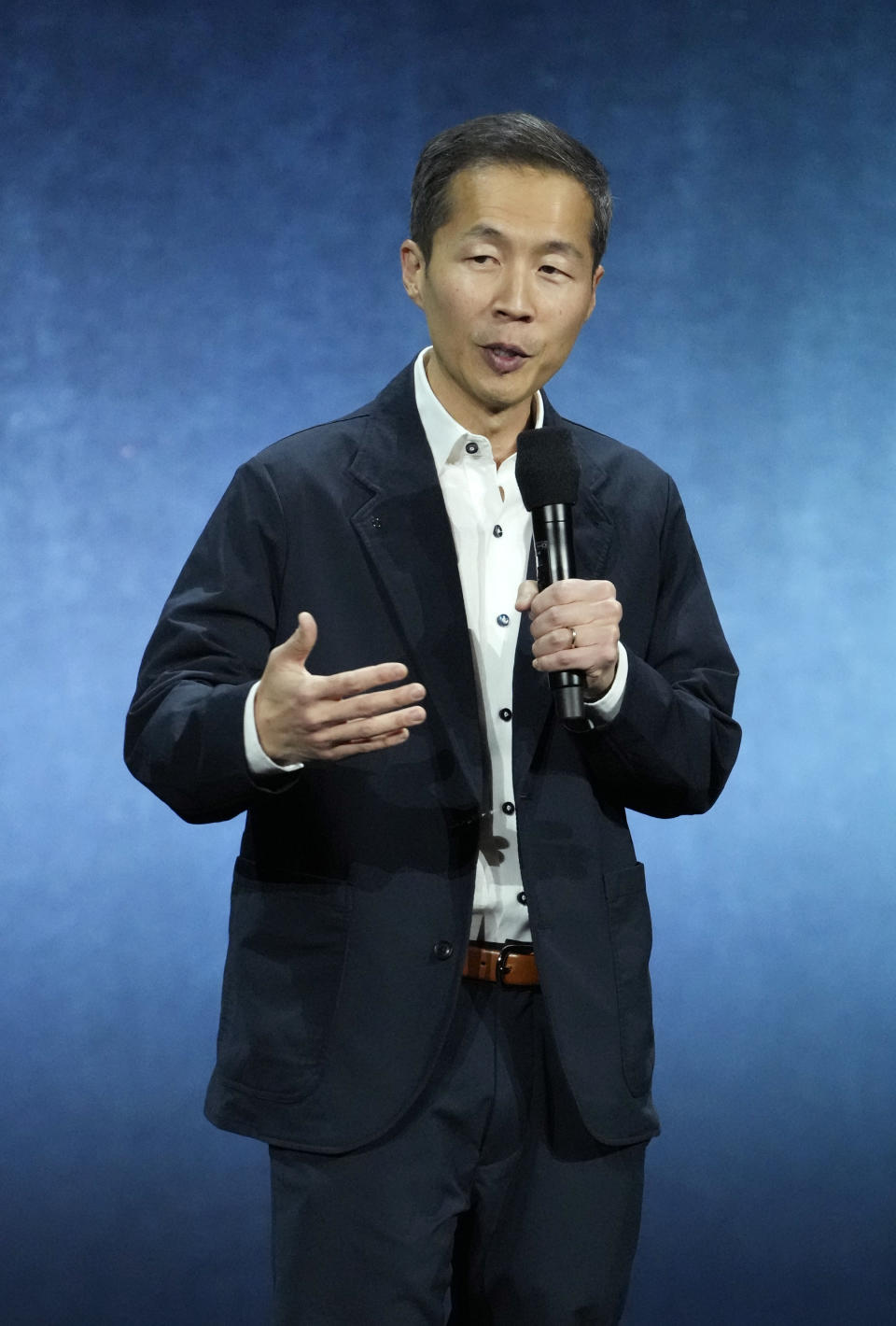 Lee Isaac Chung, director of the upcoming film "Twisters," discusses the film during the Universal Pictures and Focus Features presentation at CinemaCon 2024, Wednesday, April 10, 2024, at Caesars Palace in Las Vegas. (AP Photo/Chris Pizzello)