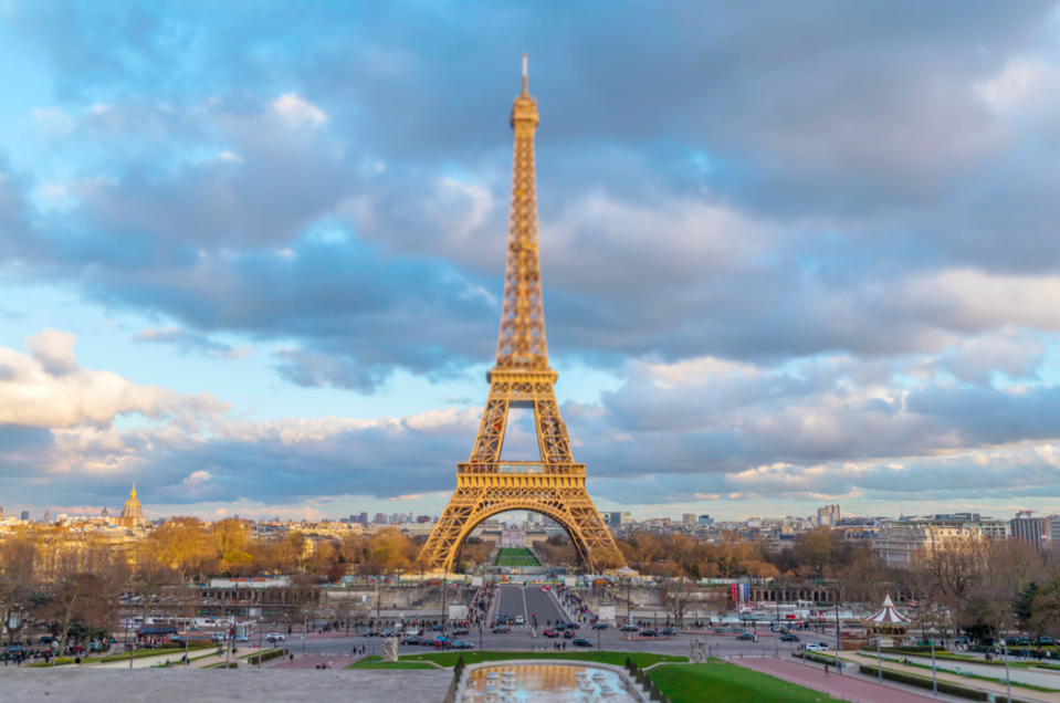 The Eiffel Tower in Paris, France, still towers above the landscape.