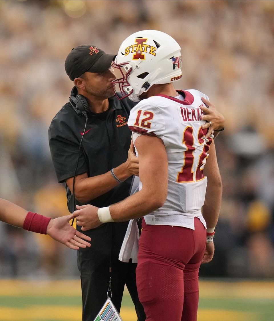 Iowa State football coach Matt Campbell, seen here with quarterback Hunter Dekkers, said his team will conclude spring practice with a spring game.