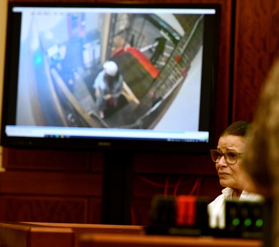 Jessica Simone's mother, Maryjane Simone, testifies in court as video footage at the Compass Tavern on the night of the crash is shown.