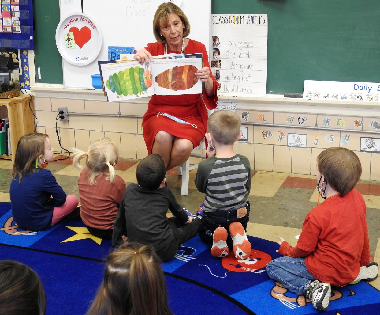 Ohio First Lady Fran DeWine read "The Very Hungry Caterpillar" to 10 students in Lisa Green's preschool class at the South Lawn Campus of Coshocton County Head Start. DeWine made similar visits in Mt. Gilead and Fredericktown to promote the Ohio Imagination Library reaching more than 300,000 kids in Ohio from birth to age 5.