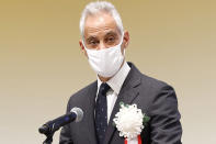 U.S. Ambassador to Japan Rahm Emanuel delivers a speech during a ceremony to mark the 50th anniversary of Okinawa's return to Japan after 27 years of American rule, in Tokyo Sunday, May 15, 2022. The ceremonies are held in Tokyo and Okinawa simultaneously. (Fumine Tsutabayashi/Kyodo News via AP)