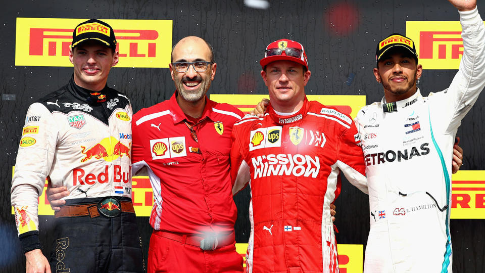 Race winner Kimi Raikkonen of Finland and Ferrari, second placed Max Verstappen of Netherlands and Red Bull Racing and third placed Lewis Hamilton of Great Britain and Mercedes GP. Pic: Getty