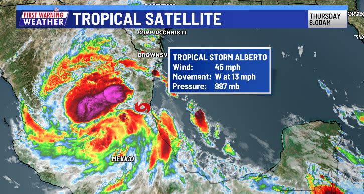 Tropical Storm Alberto shortly after landfall near Tampico, Mexico, on June 20, 2024.