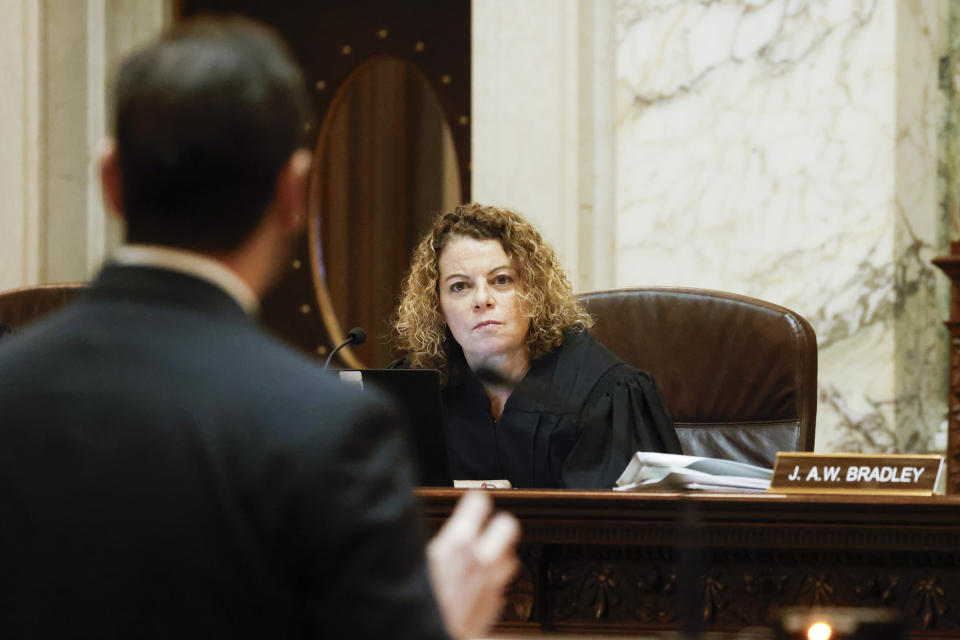 Wisconsin Supreme Court Justice Rebecca Frank Dallet listens to arguments during a redistricting hearing at the Wisconsin state Capitol Building in Madison, Wis., on Tuesday, Nov. 21, 2023. (Ruthie Hauge/The Capital Times via AP, Pool)