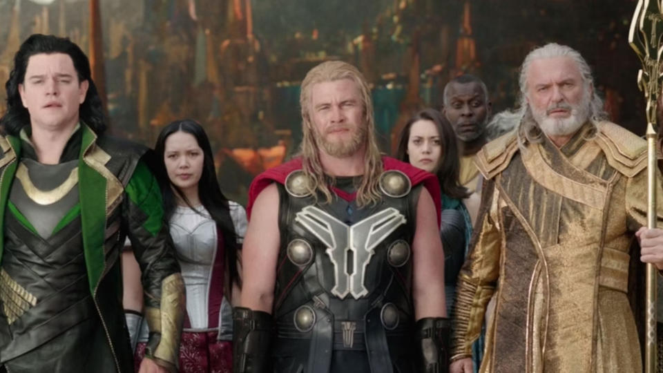 Matt Damon, Luke Hemsworth and Sam Neill debuted as a trio of Asgardian actors in Thor: Ragnarok. (Marvel/Disney)