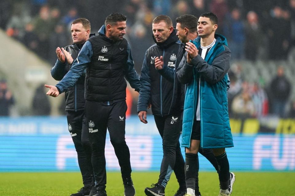 Newcastle head coach Eddie Howe endured a frustrating afternoon as Leeds battled their way to a point at St James’ Park (Owen Humphreys/PA) (PA Wire)