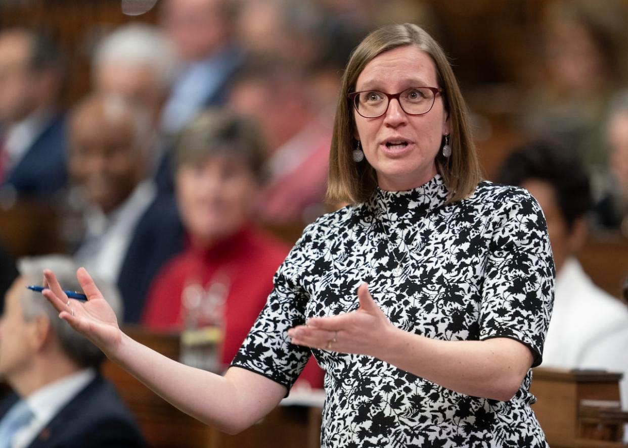 Karina Gould, leader of the government in the House of Commons, rises during question period in Ottawa last week. Gould told reporters Tuesday morning that she plans to speak to Liberal MP Ken Hardie about a tweet that suggested there was a connection between Conservative Leader Pierre Poilievre and a deadly shooting in Manitoba. (Adrian Wyld/Canadian Press - image credit)
