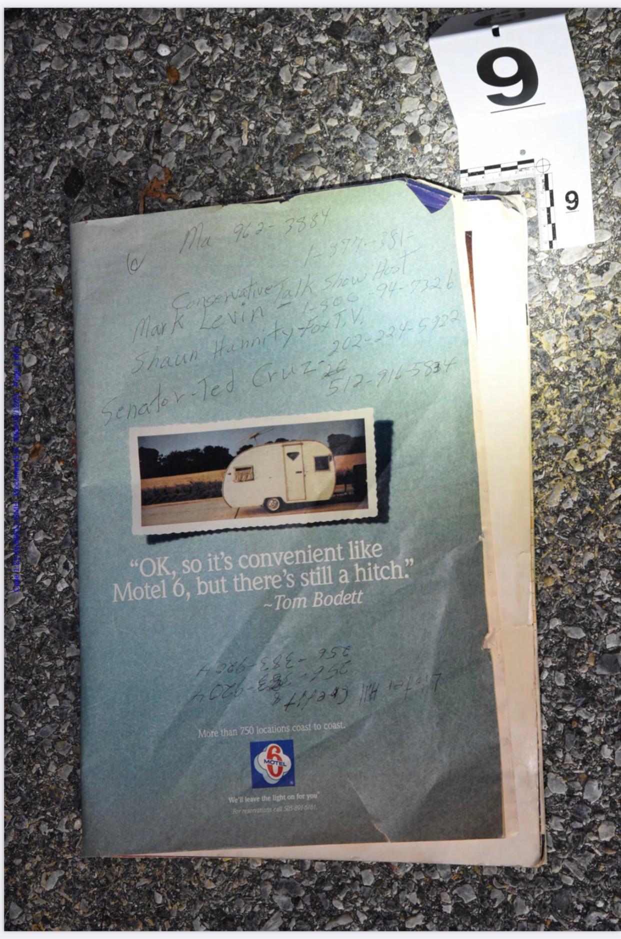 The folder carried by Lonnie Coffman, a Trump supporter at the Capitol riot, with numbers for Sen. Ted Cruz and conservatives media pundits written on the cover. He was found with 11 Molotov cocktails in his vehicle and two unregistered pistols. (US District Court )