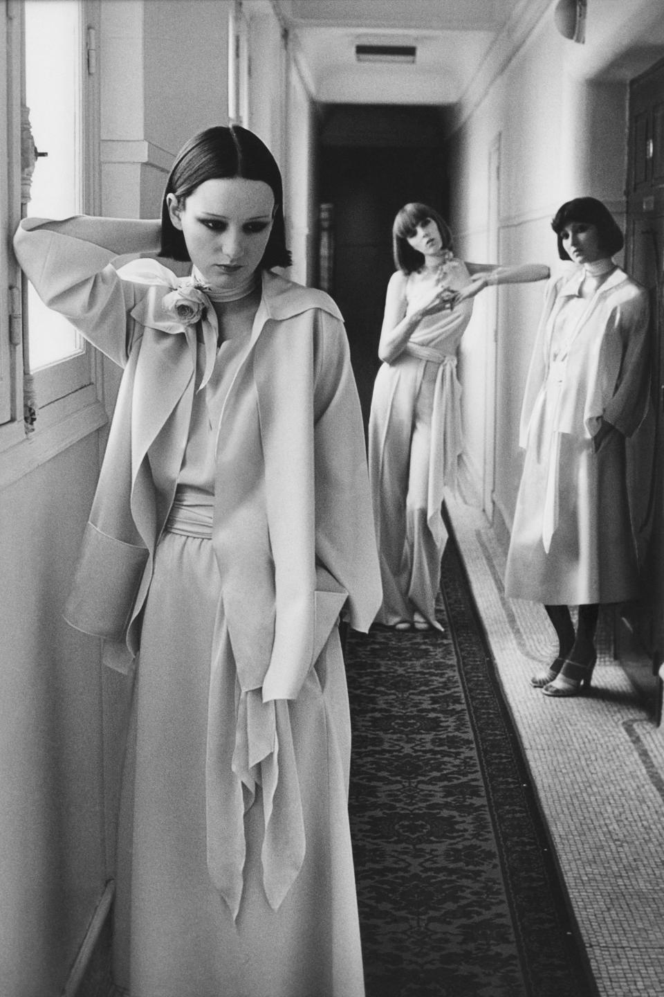 Models  at the Hôtel Lutetia in Paris, wearing silk separates by Karl Lagerfeld for Chloé.