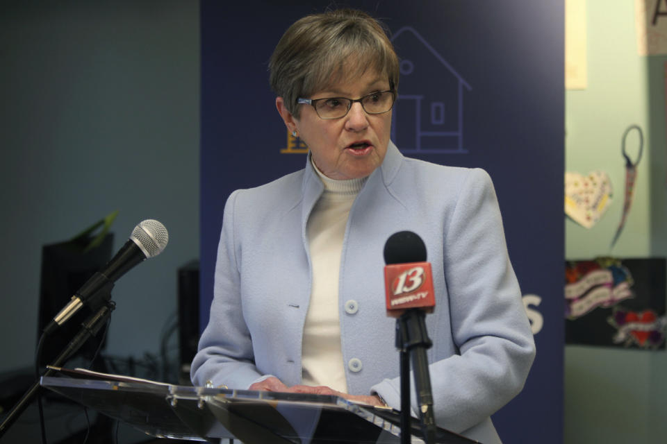 Kansas Gov. Laura Kelly speaks during a news conference at the YWCA Center for Safety and Empowerment Day Center about her proposals for cutting taxes, Monday, Jan. 23, 2023, in Topeka, Kansas. The Democratic governor is preparing to give the annual State of the State address to a skeptical, Republican-controlled Legislature that has different ideas about how to cut taxes. (AP Photo/John Hanna)